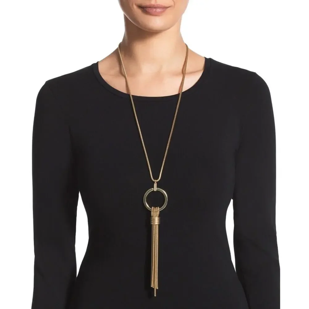 CHICO’S Gabby Pendant Necklace Gold Looped Long Snakechain Tassel